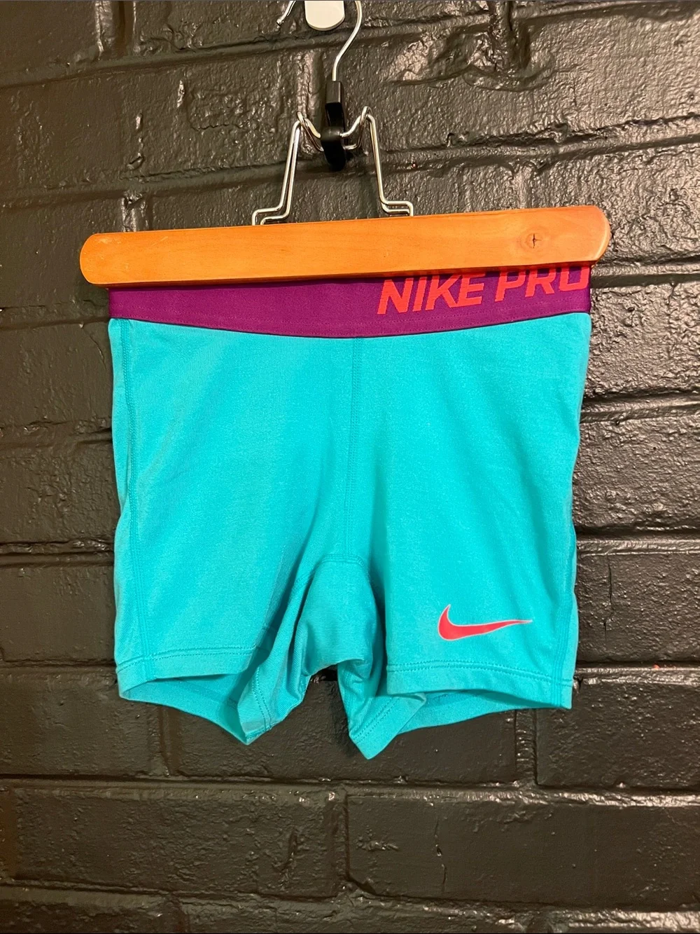 Nike Teal Shorts with Purple Waistband and Pink Swoosh